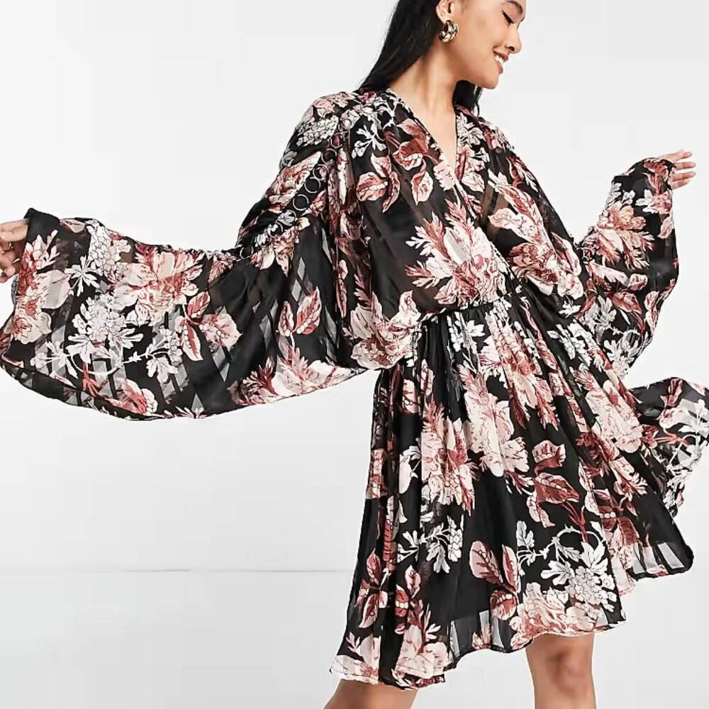 ASOS Design Satin Stripe Blouson With Ring Detail Floral Print | Size US 6 | NWT